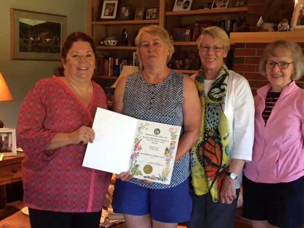 The Bloomfield Garden Club was presented the National Garden Club President's Special Projects Award for its Service in the Action-BeeGAP Project. From left are Pam Partridge, Debra Burnham, Kathleen Marty, state awards chairwoman of the Garden Club Federation of Maine, and Jeanne Shay.