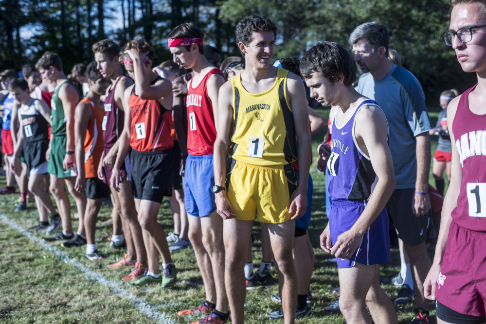 Runners from around the state gather at the starting line Friday at the annual Mt. Blue Relays in Farmington.