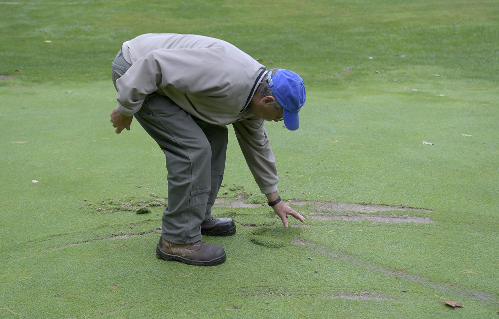 Bill Sylvester examines a piece of the second green damaged at Cobbossee Colony Golf Course in Monmouth on Oct. 9. The Sylvester family discovered Monday that several parts of their course were vandalized by golf carts overnight.