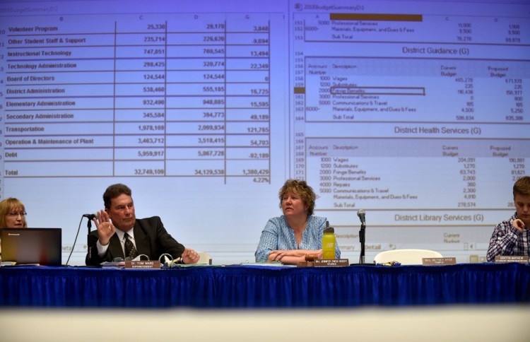 Dr. Tom Ward, left, superintendent of RSU 9, answers questions about the school budget during an RSU 9 budget meeting with Jennifer Zweig Hebert, right, of Starks, at Mt. Blue High School in Farmington on April 27. On Wednesday residents of the 10 towns that make up the district will have the opportunity to question the numbers of the proposed $33.63 million budget, the same amount that was proposed Sept. 5 before it was reduced by voters.
