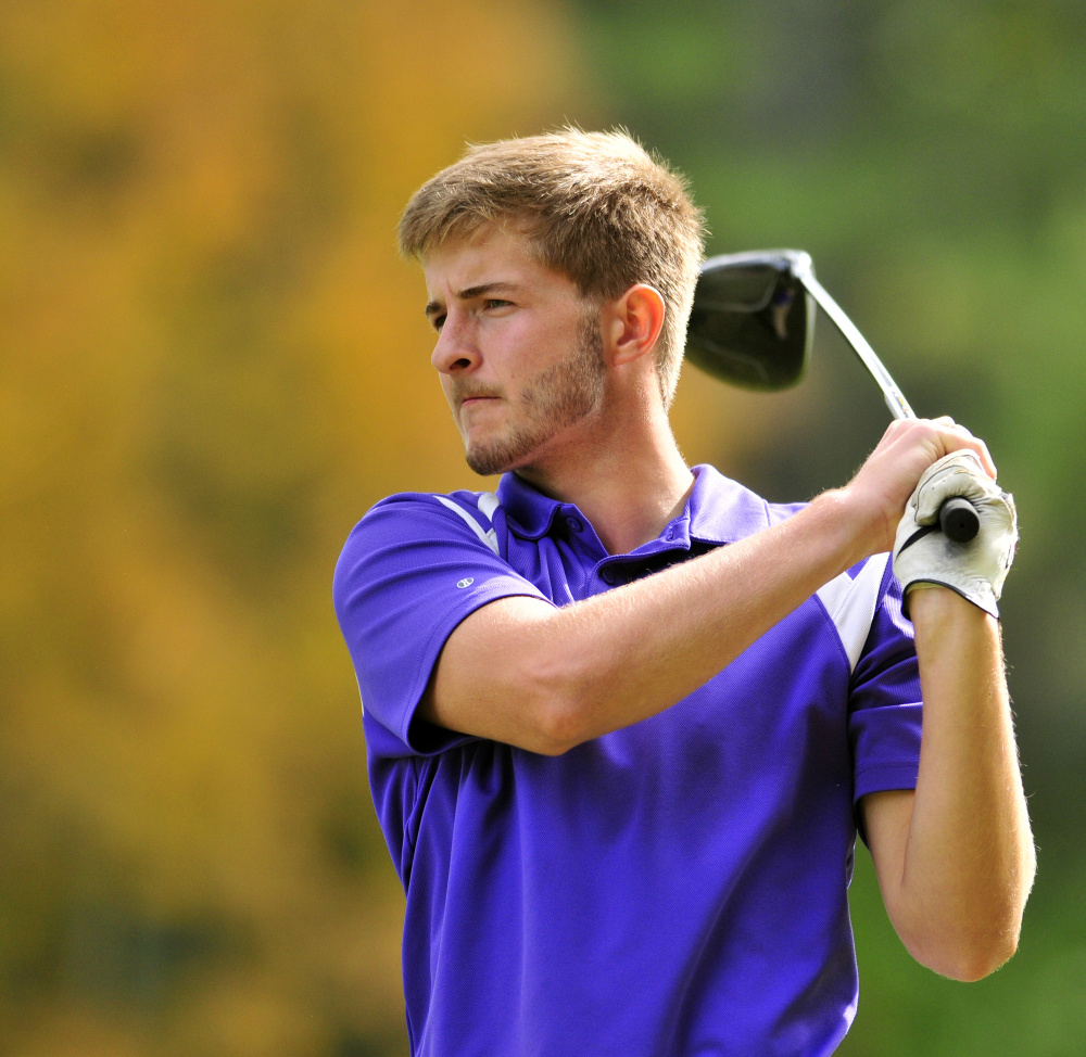 Waterville golfer Cody Pellerin tees off on the 17th hole of Tomahawk during the state team championship last year at Natanis Golf Course in Vassalboro.