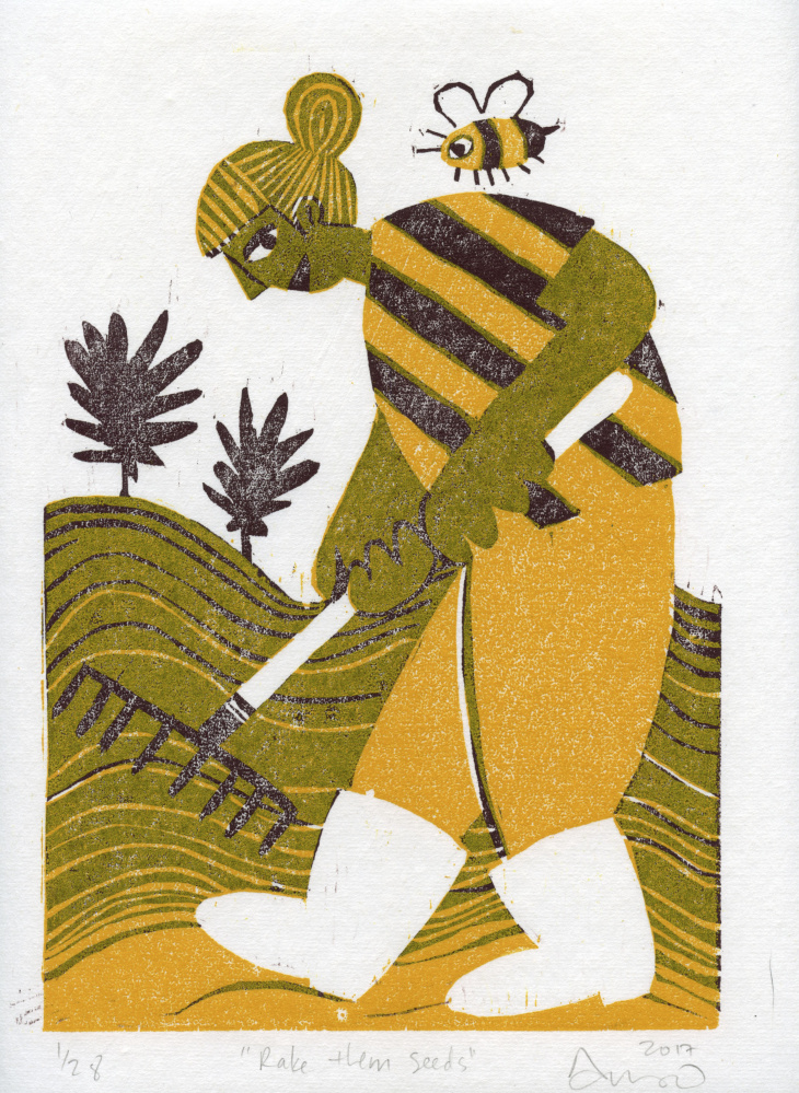 "Rake Them Seeds," woodcut print by Anna O'Sullivan.
