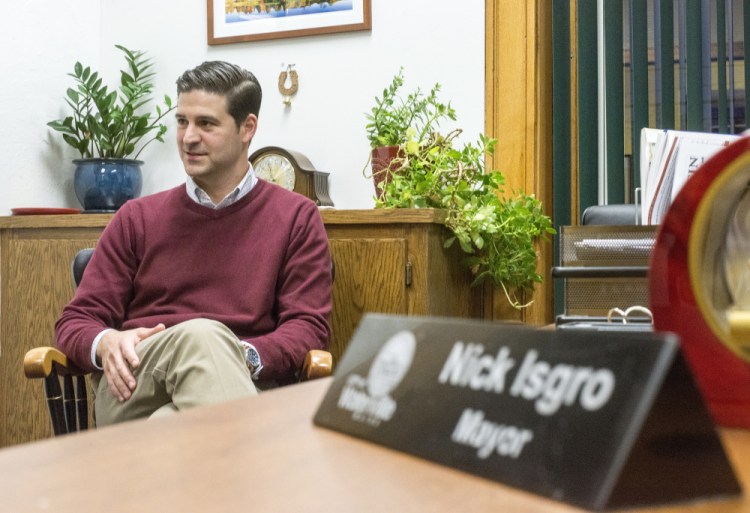 Mayor Nick Isgro sits for an interview with Morning Sentinel reporter Amy Calder in the Mayor's office at City Hall in Waterville in October 2017.