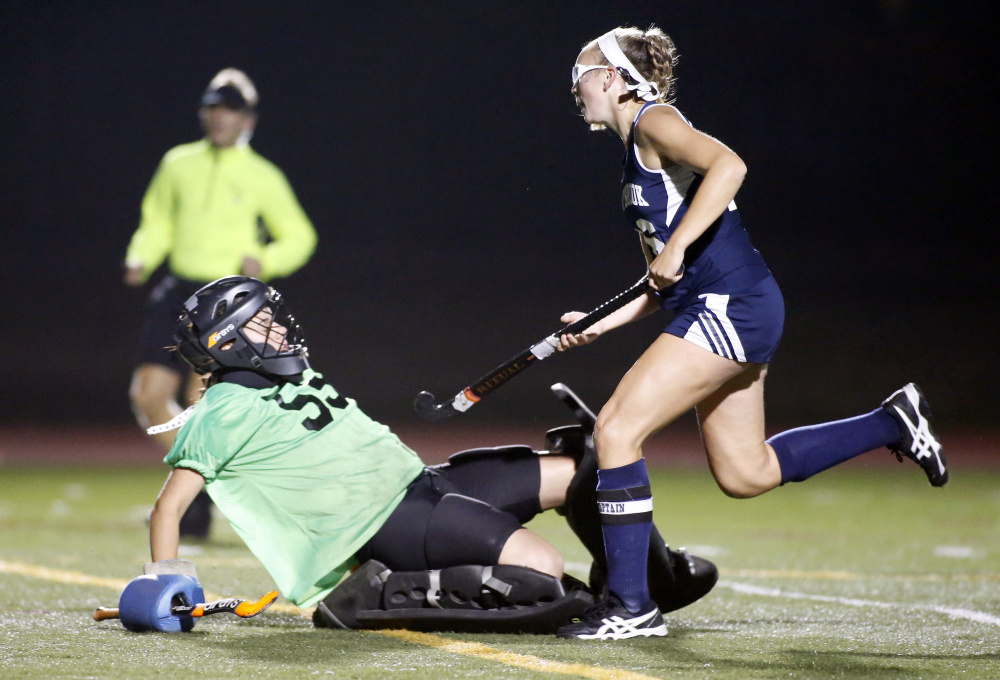 Westbrook captain Avery Tucker scores the first goal of the Class A South finals against Biddeford on Tuesday.