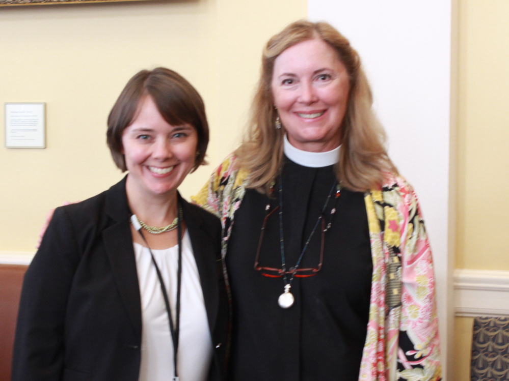 Sen. Shenna Bellows, D-Manchester, left, recently welcomed the Rev. Susan Berry Taylor, of St. Andrew's Episcopal Church in Winthrop, to the State House.