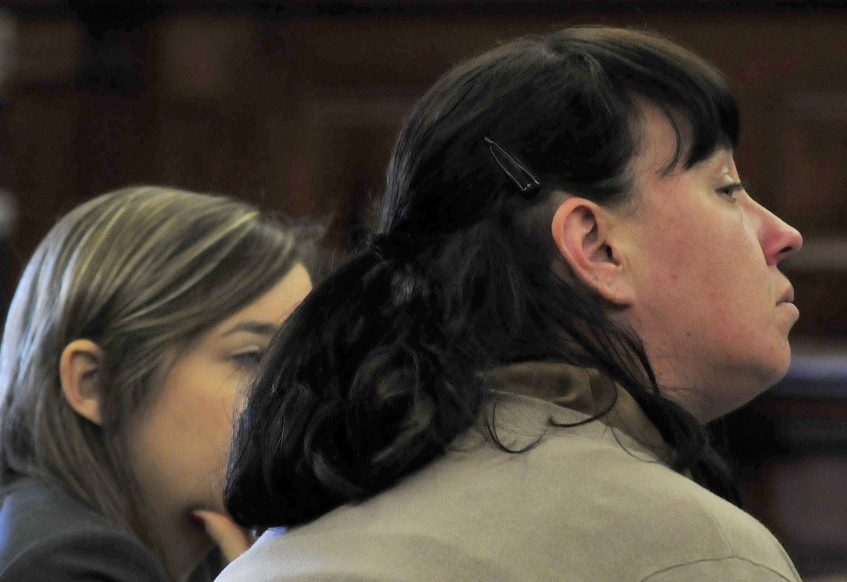 Defendant Miranda Hopkins, of Troy, right, listens to opening statements Tuesday in her manslaughter trial in Waldo County Superior Court in Belfast along with her attorney, Laura Shaw.