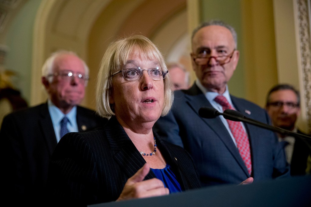 Sen. Patty Murray, D-Wash., accompanied by Sen. Bernie Sanders, I-Vt., left, and Senate Minority Leader Sen. Chuck Schumer, told reporters, "when Republicans and Democrats take the time ... we can truly get things done."