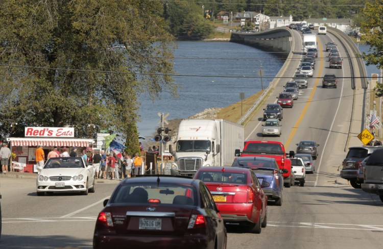 Traffic backs up on Route 1 in Wiscasset at the end of July. The state's plan to ease congestion by widening a stretch of the highway is now the subject of a lawsuit by the town.