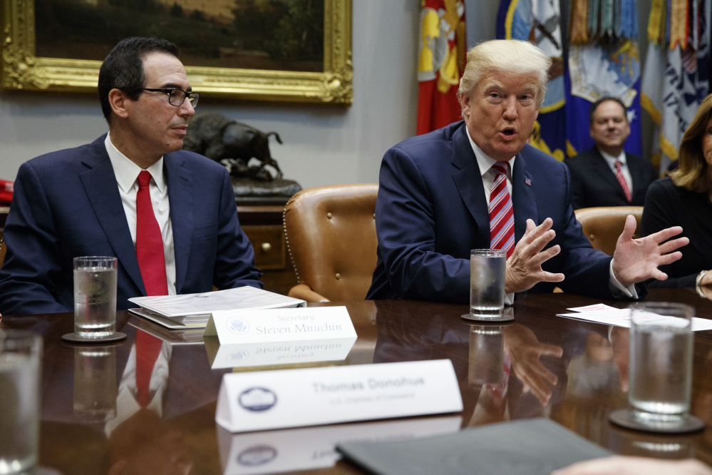 Treasury Secretary Steve Mnuchin and President Donald Trump at a meeting on tax policy with business leaders in the White House on Tuesday.