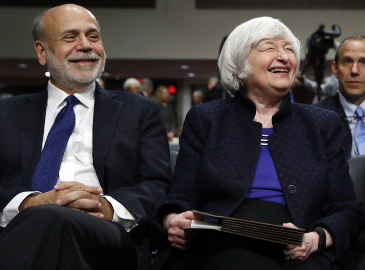 Former Federal Reserve Chairman Ben Bernanke and Federal Reserve Chair Janet Yellen attend a ceremony Tuesday in Washington, where they received the Paul H. Douglas Award for Ethics in Government.