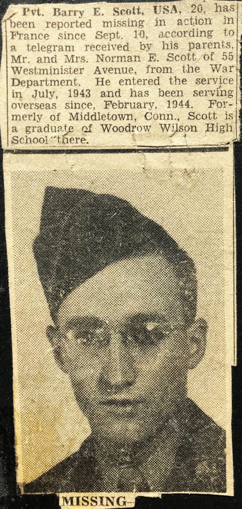 Army veteran Barry Scott was listed as missing in this newspaper clipping. In reality, he had been captured and was a prisoner of war. 