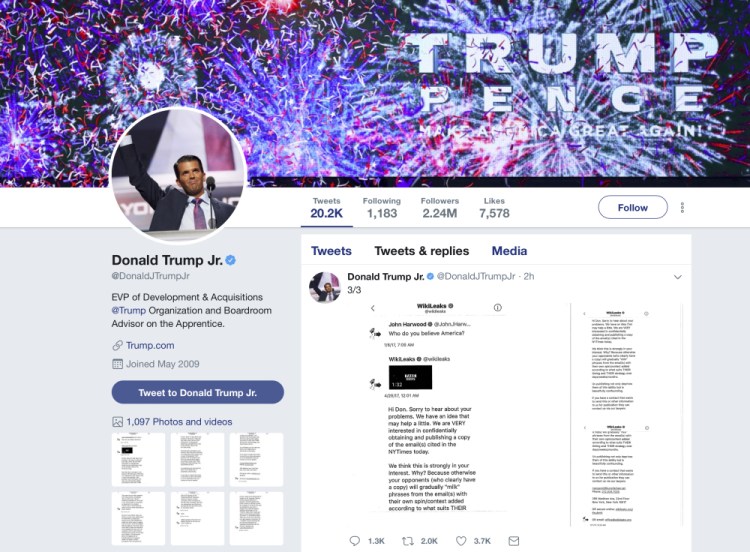Donald Trump Jr.'s Twitter account shows a series of direct messages he received from the Twitter account behind the WikiLeaks website, including his responses to the communications, which he posted on Monday, Nov. 13. The direct messages had been turned over to congressional committees investigating Russian intervention in the 2016 election and if there were any links to Trump's campaign. Trump Jr.'s release of the messages on Twitter came hours after The Atlantic first reported them.