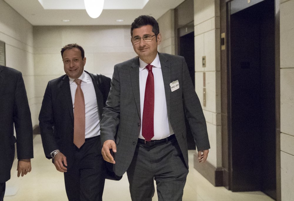 Ike Kaveladze, right, who was among those at a June 2016 meeting at Trump Tower with President Trump's son, leaves the Capitol after being interviewed by the House Intelligence Committee in Washington this month. Two Russian-Americans, lobbyist Rinat Akhmetshin and Kaveladze, met in June 2017 over coffee in Moscow where they discussed the meeting they had participated in a year before at Trump Tower.