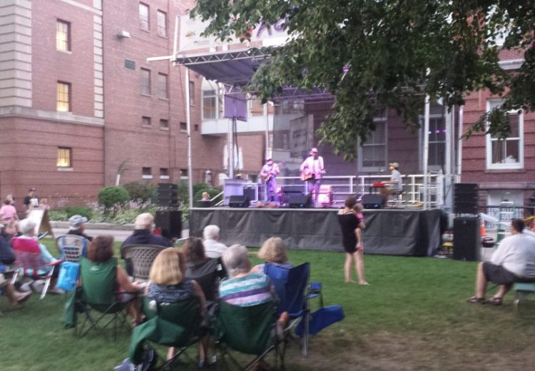 The Pete Kilpatrick Band entertains a gathering at Castonguay Square in the first of four installments last summer of Waterville Rocks! adjacent to the Waterville Opera House and sponsored by Waterville Creates! and local businesses.