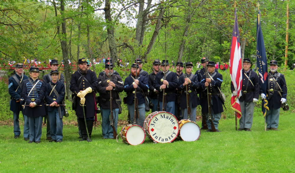 The Third Maine Civil War re-enactors will lead the way in a Veterans Day Readfield history walk on Nov. 11. Present in the photo, though not in order, include Capt. Matt Bray, Surgeon Scott Scoggins, Drummer Dave McCusker, Drummer Sean Moore, Fifer Monica McCusker, Fifer Lucy Cunningham, 1st Sgt. Steve Peterson, 2nd Sgt. Bob Pierce, 1st Cpl. Jay Carter, 2nd Cpl. Rick Lajoie, 3rd Cpl. Dereck Thomas, Color Bearer Rick Bray, Color Bearer Joe Donahue, Pvt. Tracy Levesseur, Pvt. Dan Cunningham, Pvt. Alpha Williams, Pvt. Gavan Williams and Pvt. David Johnson.