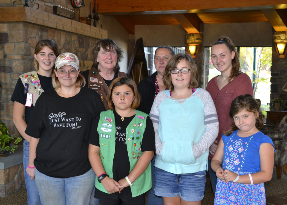 Members of three Girl Scout troops from Temple, 3191, 1998 and 1826, from left, Alexis Meisner, Patty Toothaker, Rita Smith, Paige White, Anissa Allumbough, Reese Rackliff, Natasha Donald and Kamryn Alexander, recently stopped by the Martha B. Webber Breast Care Center in Farmington to donate 47 care packages for its patients. The bags contained items to help pass the time such as puzzles with pencils, books and inspirational messages.