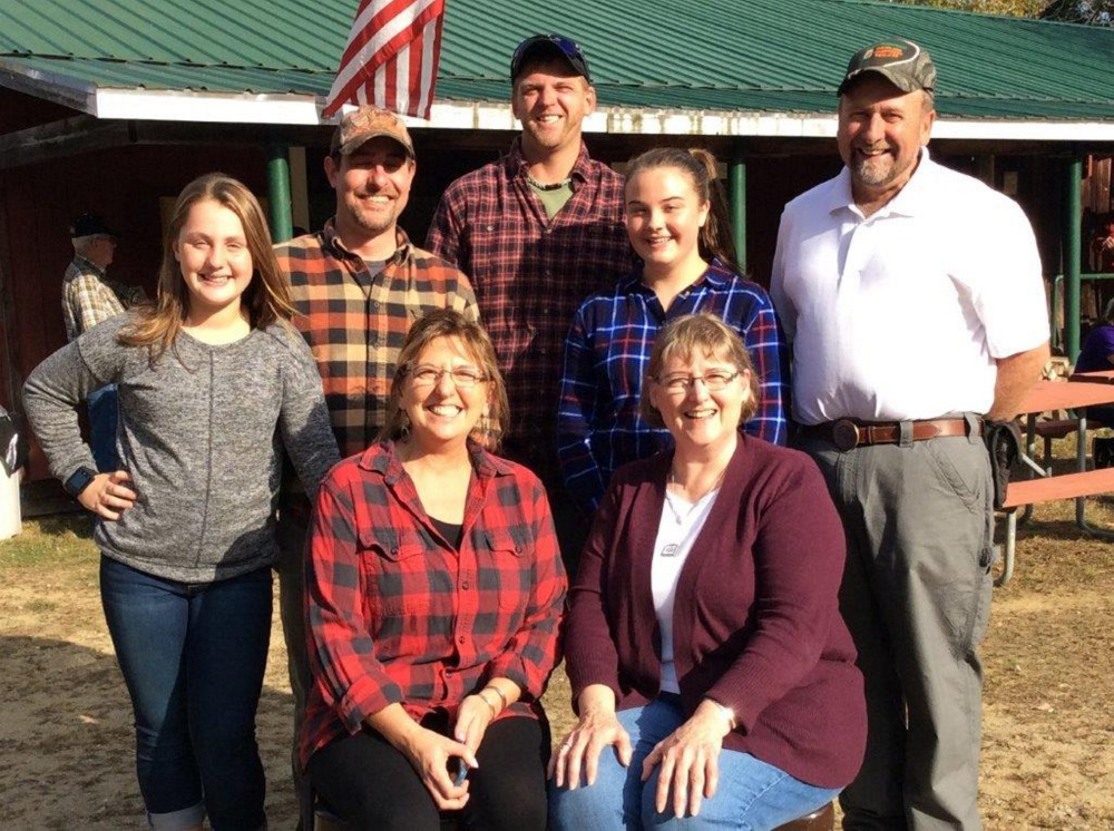 Seven members of Raymie Macomber's family attended the Wilton Fish & Game Open House, in front, from left, are Raymie's daughters Deb Trask and Donna Macomber. In back, from left, are his great-granddaughter Ashlyn Macomber, grandsons Jonathan Macomber and Andrew Trask, great-granddaughter Ryleigh Macomber, and son Dan Macomber.