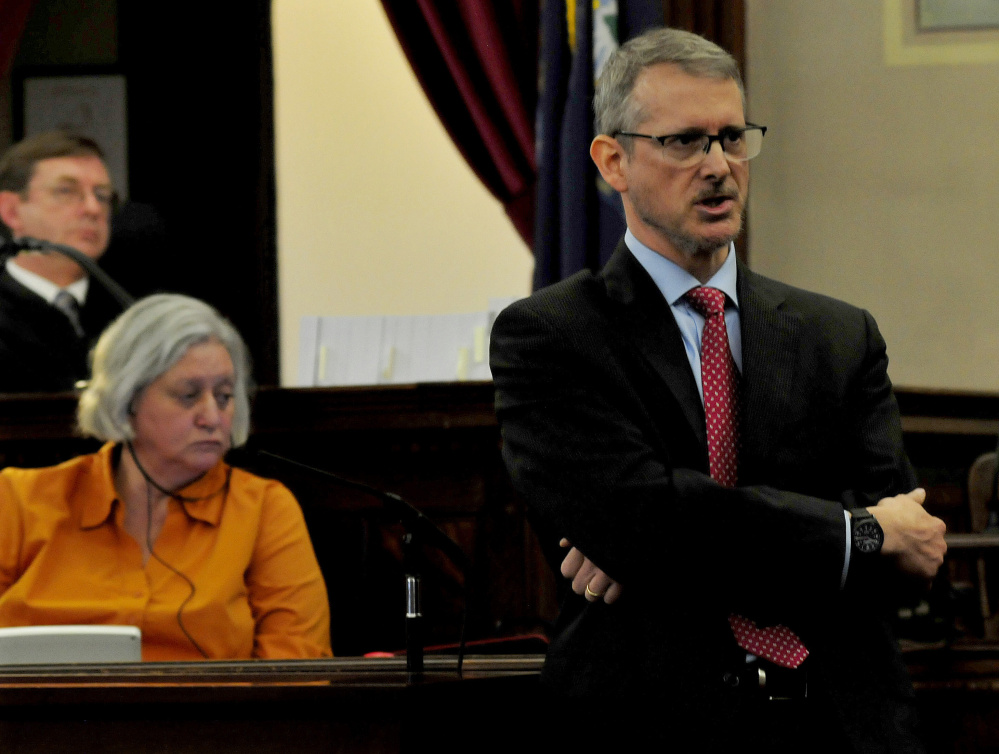 Defense attorney Christopher MacLean addresses the jury last week in Waldo County Superior Court in Belfast during the start of Miranda Hopkins' manslaughter trial in the death of her son Jaxson. At left is Justice Robert Murray. The jury found Hopkins guilty Tuesday night.