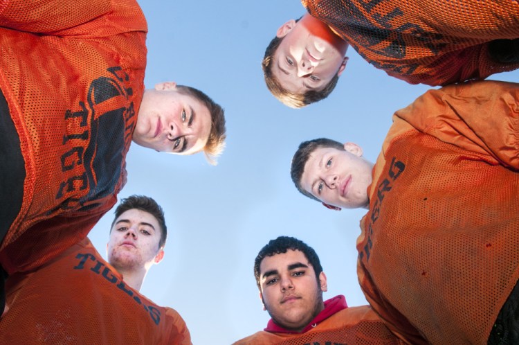 Defensive linemen, from left top, Roy Appleby, Austin Weymouth, Dylan Spencer, Michael Stratton and Brad Sandelin helped lead the Gardiner Tigers to the Class C South regional championship game.