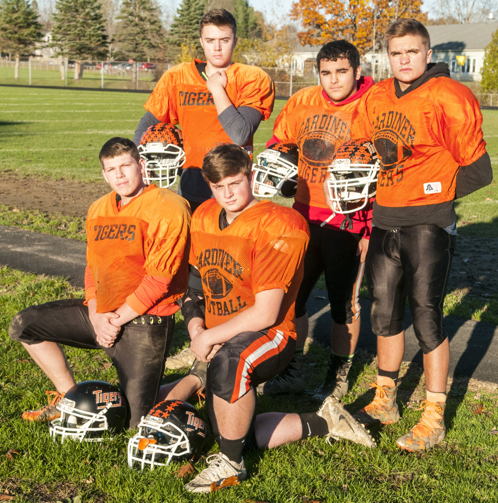 Gardiner defensive linemen, from left top row, Austin Weymouth, Dylan Spencer and Roy Appleby and bottom row left Michael Stratton and Brad Sandelin have helped lead the team to the Class C South regional championship game.