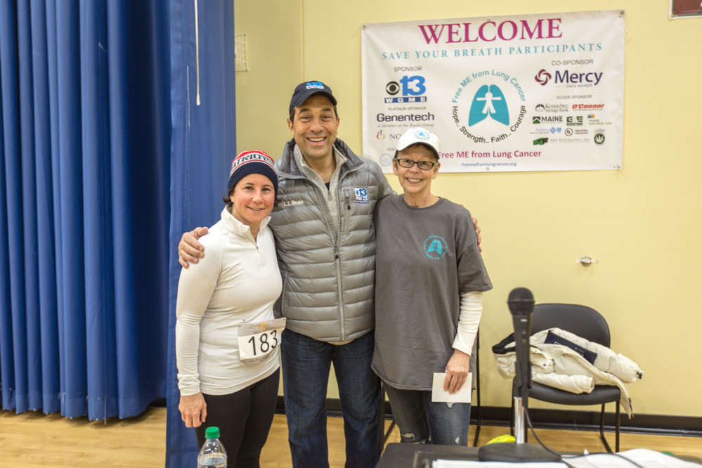 Race participant Karen Boston, Sports Director WGME Channel 13 Dave Eid and Deb Violette, president and CEO of Free ME from Lung Cancer.
