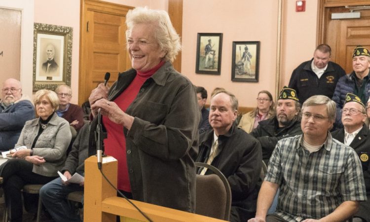 Linda Bean, center, addresses the Hallowell City Council on Monday evening during a discussion about the city's plan to move the historic Dummer House. Bean, the granddaughter of L.L. Bean's founder, owns the Dummer House and adjacent property.