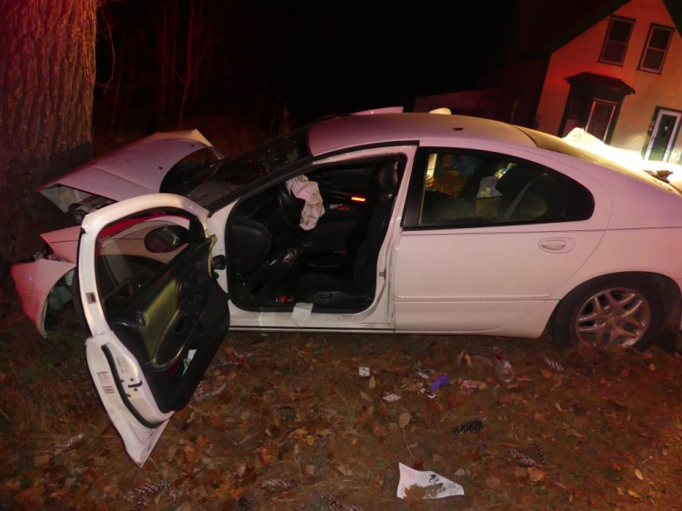 Tabatha Chabot, 34, of Temple, and her daughters were injured Tuesday afternoon when this car, which Chabot was driving, struck a tree on Bridge Street in Phillips.