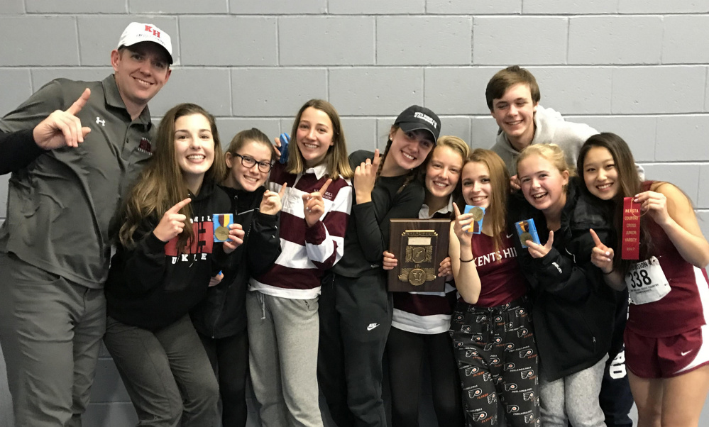 The Kents Hill girls cross country team celebrate after winning the New England Prep School Track Association Division IV title back on Nov. 11 in South Berwick.