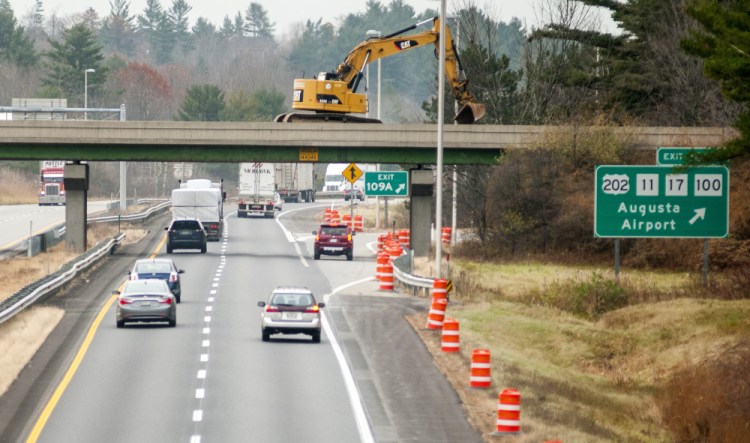 The Interstate 95 Exit 109A is re-routed onto Whitten Road on Wednesday while repairs continue to the bridge in Augusta.