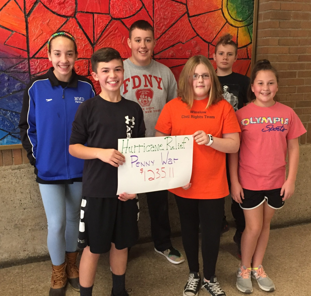 Winslow Junior High School students raised funds for families of Yes Prep Public School in Houston, which was devastated by Hurrucane Harvey. Students who organized the fundraiser in front, from left are Talon Loftus, Waverly O'Toole and Natalie Bourget. In back, from left are Emma Farnham, Joe Pfingst and Xander Giguere.