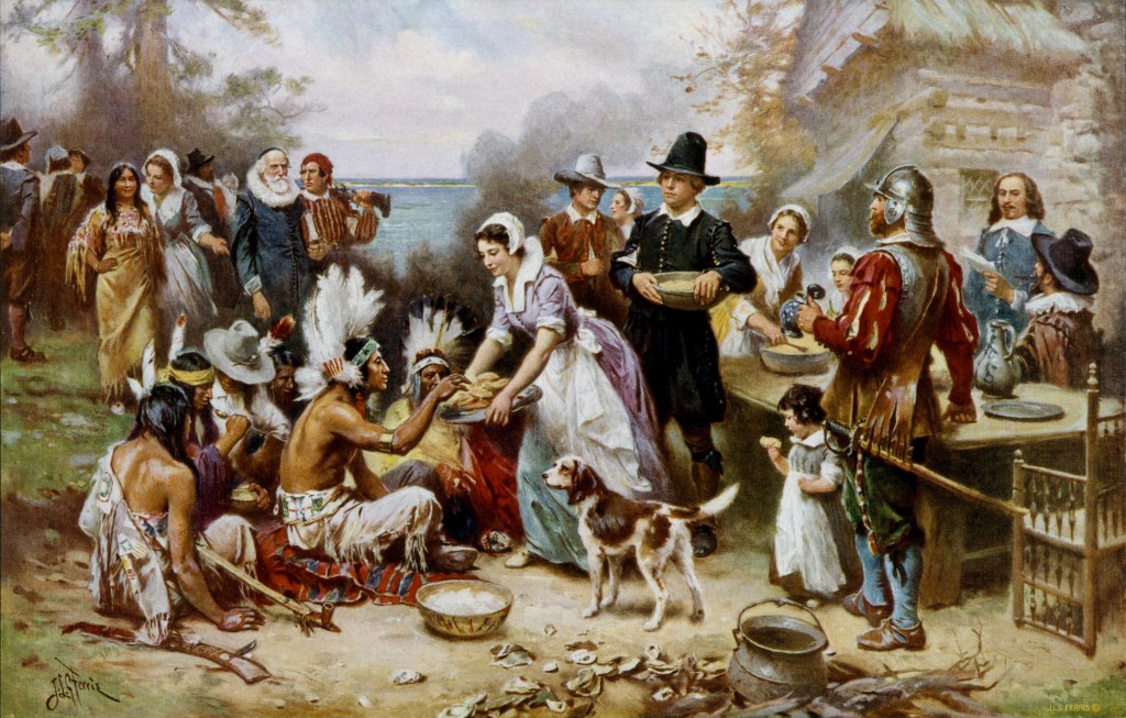 "The First Thanksgiving" by Jean Louis Gerome Ferris (American painter, 1863-1930).