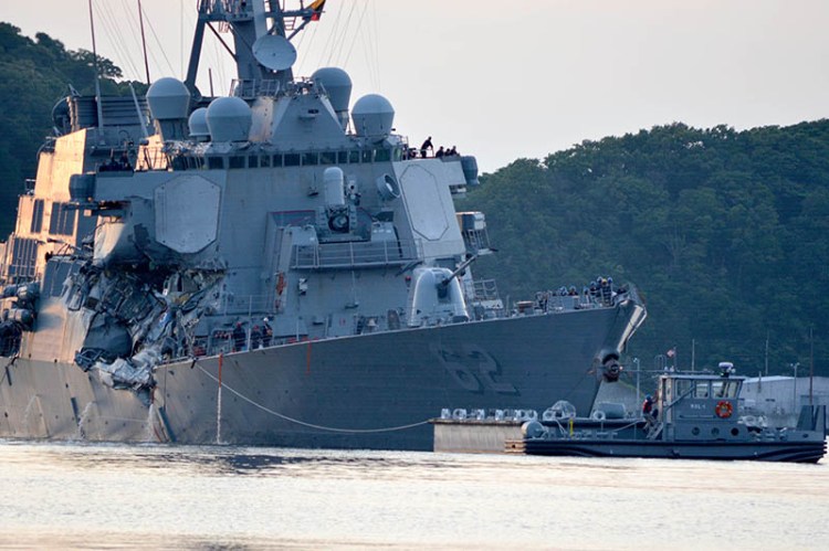 USS Fitzgerald  following a collision with a merchant vessel while operating southwest of Yokosuka, Japan. 
