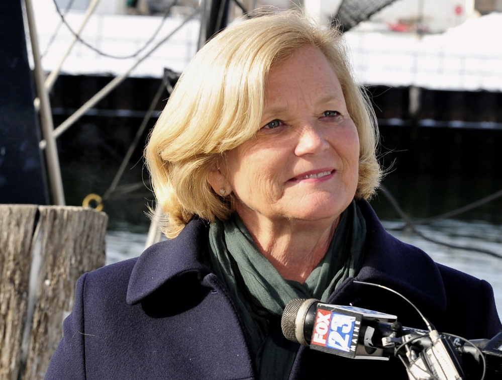 Gordon Chibroski / Staff Photographer.  Friday, March 2, 2012. Chellie Pingree listens to a question from the media as she talks about her decision to run for Olympia Snowe's Senate seat at a Press Conference held on the Portland Fish Pier just outside her office.