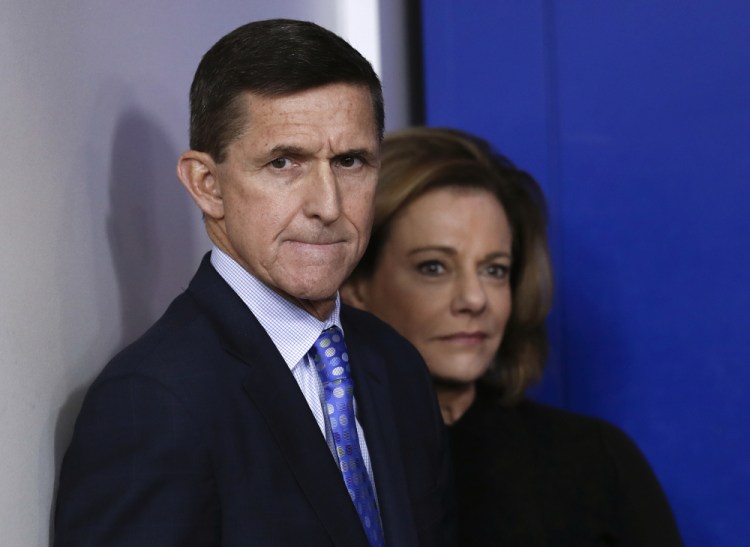 
This file former National Security Adviser Michael Flynn, joined by K.T. McFarland, then-deputy national security adviser, at the White House in early 2017.
