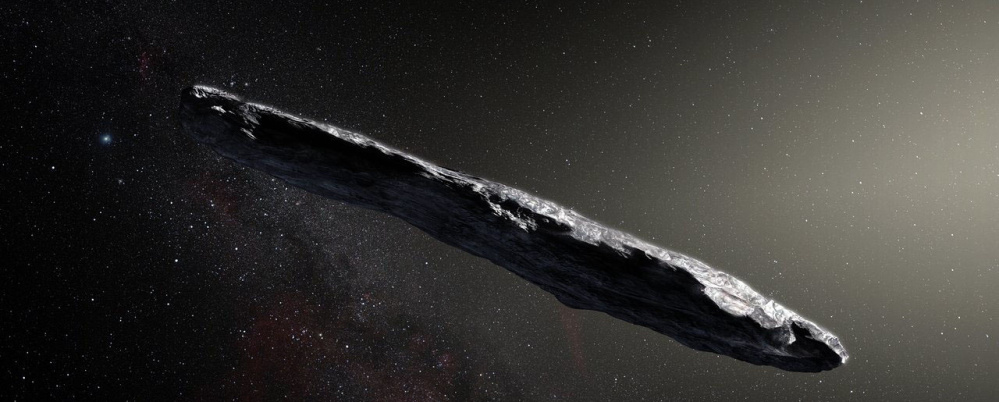 An artist's impression of the first interstellar asteroid, 'Oumuamua. The rare object is about a quarter-mile long.