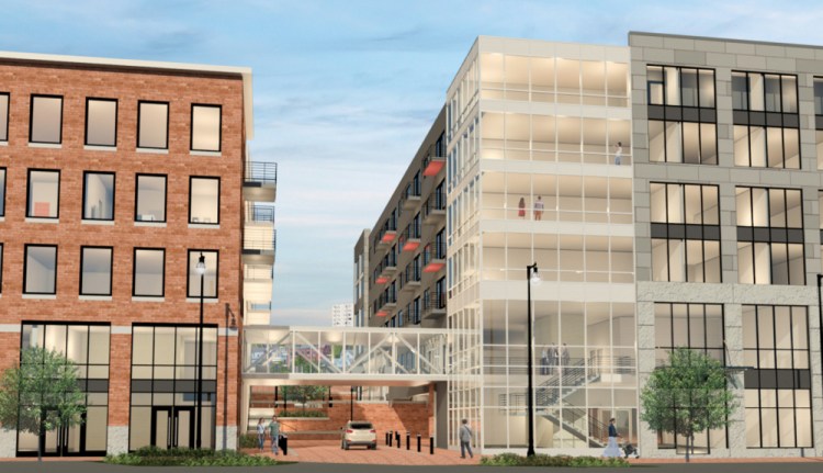 A rendering of the proposed buildings at 383 Commercial St. in Portland shows a path through the hotel and condos  development that will be open to the public.