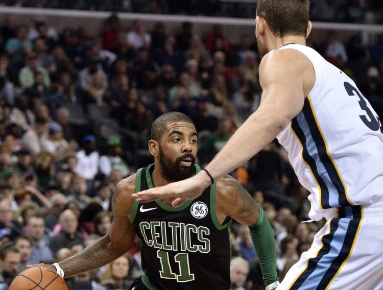 Kyrie Irving scored 20 points and Boston was finally able to slow down Marc Gasol, right, in a 102-93 win over the Grizzlies on Saturday in Memphis, Tennessee.