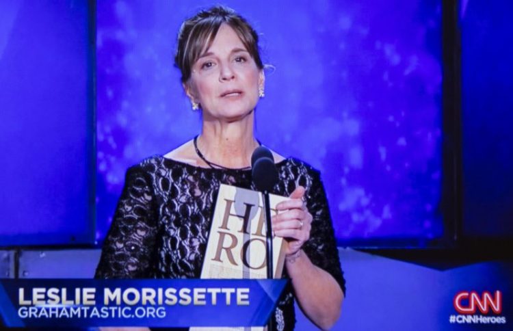 Leslie Morissette of Springvale speaks during the televised CNN Heroes show Sunday.
