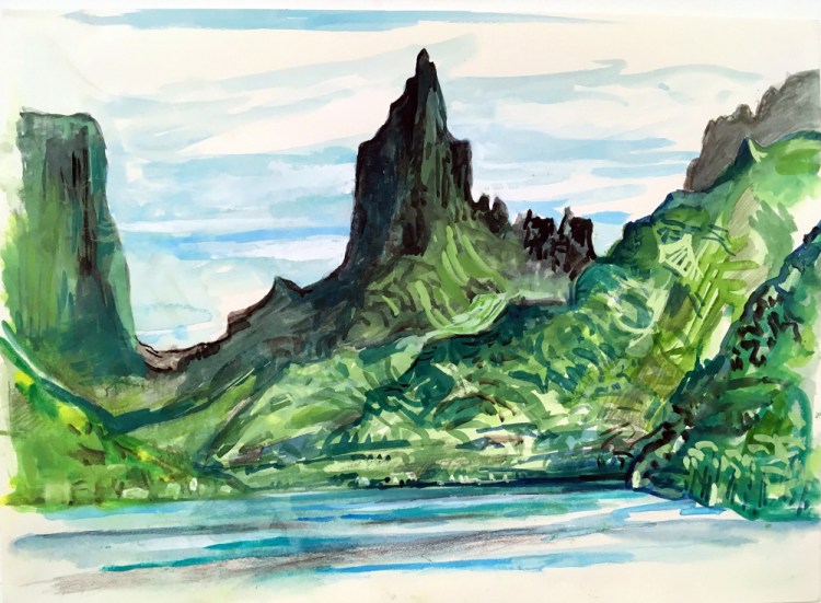 "Moorea" by Alan Fishman. Below left, Alan Fishman paints on site in France. Right, Marcie Bronstein leads a watercolor class with a gorup of students during a recent cruise.