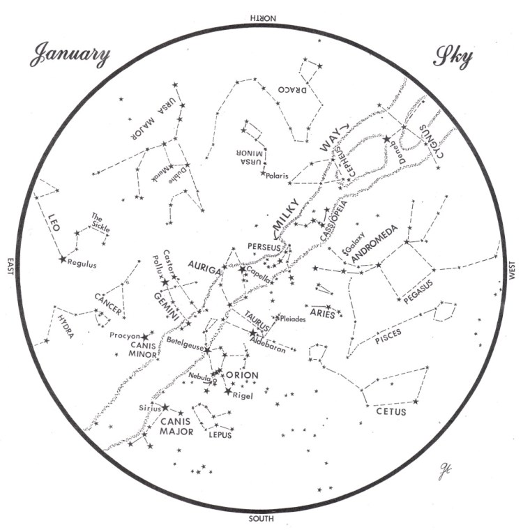 Sky chart prepared by George Ayers 
 SKY GUIDE:  This chart represents the sky as it appears over Maine during January.  The stars are shown as they appear at 9:30 p.m. early in the month, at 8:30 p.m. at midmonth and at 7:30 at month's end.  No planets are visible at chart times. To use the map, hold it vertically and turn it so that the direction you are facing is at the bottom.