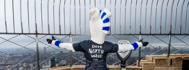 A Colby mule takes in the vista of New York recently from the observation deck of the Empire State Building as the college spreads the word of its capital campaign.