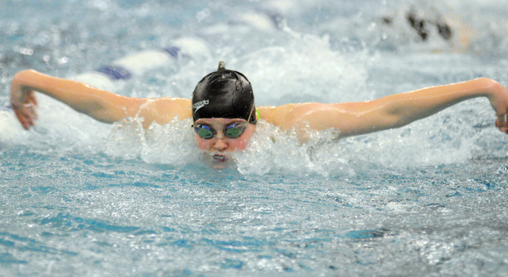 Making waves: Cony's Talia Jorgensen practices the butterfly during a practice last season at the Kennebec Valley YMCA in Augusta.
