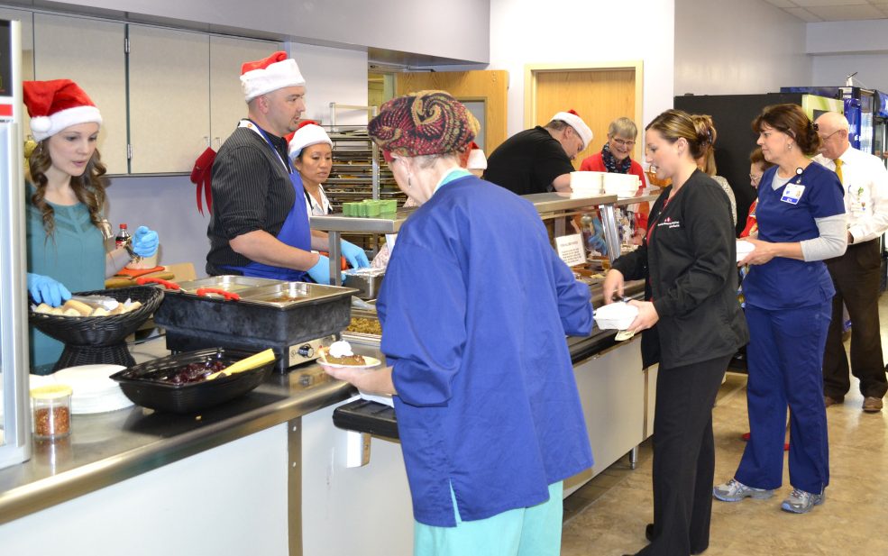 The fourth annual Meal for a Meal took place Dec. 6 in the Franklin Memorial Hospital cafeteria. A full holiday meal for diners was offered by the cafeteria for a donation for the Franklin County Chamber of Commerce's Gerry Wiles Holiday Food Basket Program. The program distributes holiday food baskets to residents from Rangeley, Eustis, Carthage, Livermore and all points in between that meet federal eligibility guidelines for food insecurity. The event raised $1,721, which will provide 68 meal baskets for the program. Behind the counter, from left, are Katie Drouin, Scott Foster, Mary Grignon, Greg O'Donal and Shannon Smith, chamber member. For more information, call 779-2555 or visit <a href="http://www.fchn.org">www.fchn.org</a>.