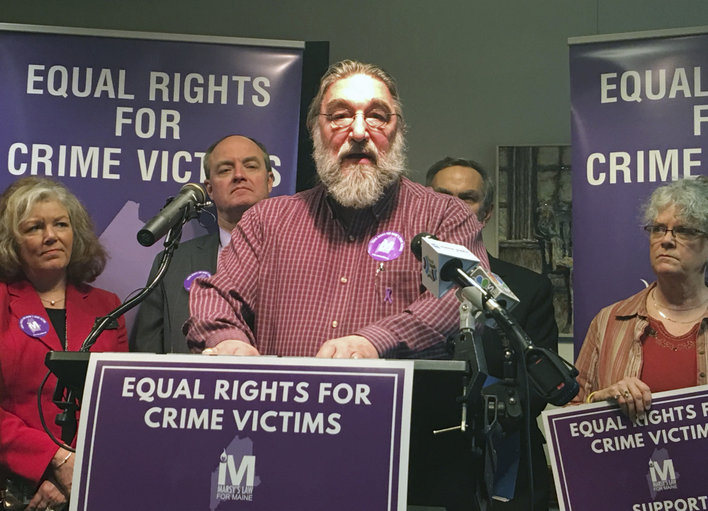 Arthur Jette, leader of the Maine chapter of Parents of Murdered Children, speaks in favor of Marsy's Law for Maine at an April news conference. Jette, whose toddler grandson was killed in 1999, is one of the many Maine crime victims who the bill seeks to empower.