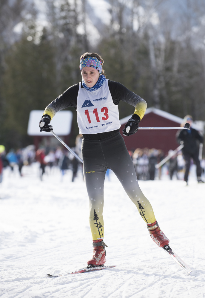 Maranacook's Laura Parent competes in the Billy Chenard Memorial Nordic ski race Saturday at the Sugarloaf Outdoor Center.