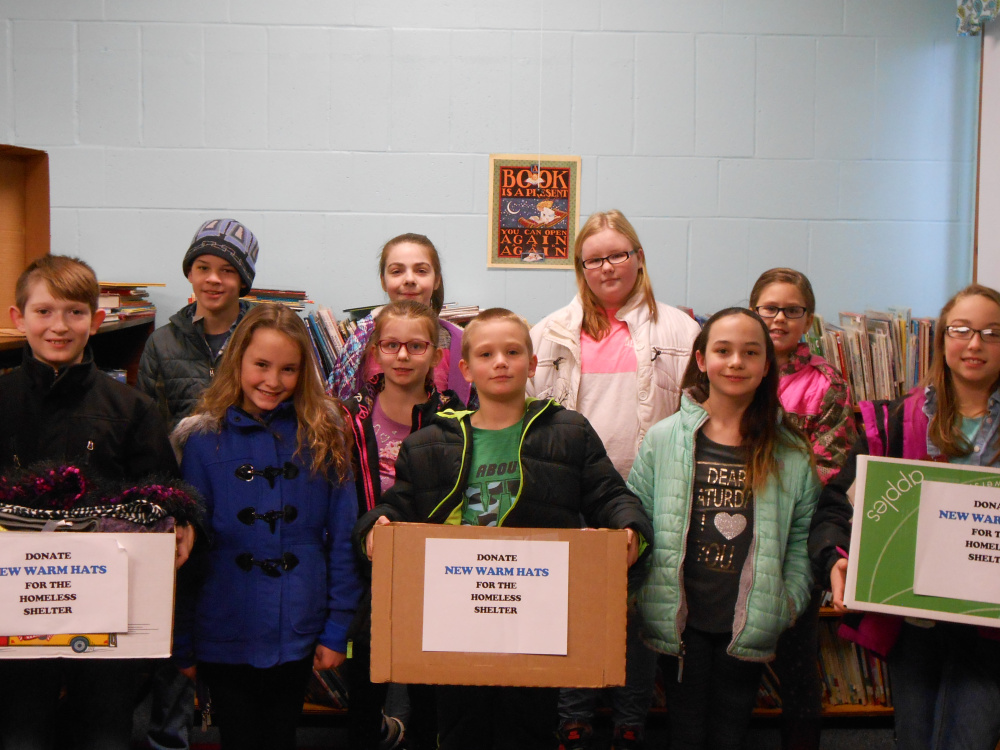 The Clinton Elementary School Student Council recently led a school-wide drive for warm winter hats, scarves and mittens and or money for the Mid-Maine Homeless Shelter. Its "Hats for the Homeless" drive netted $181 and approximately 150 warm winter items. Front, from left, are Colton Carter, Kylie Delile, Natalie Reid, Kaulen Liberty, Jenna Furchak and Layla Gagnon. Back, from left, are Oliver Lang, Candace Day, Alyssa Carter and Kaylie Smith.