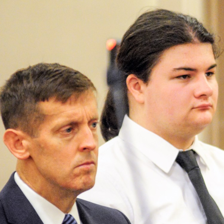 Attorney Walter McKee, left, next to his client, Andrew Balcer, 19, of Winthrop, during a hearing after he allegedly killed both his parents in October 2016. A grand jury has indicted Balcer on murder charges.
