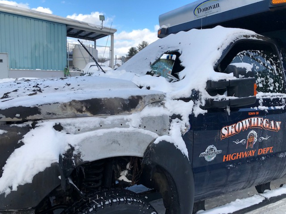 A Skowhegan Highway Department 2015 Ford F550 plow truck burned up during the Christmas Day snowstorm Monday. Flames burned hot enough to blow out the windshield. No one was injured.