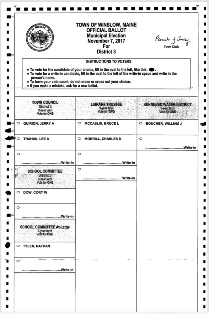 A contested Winslow election ballot was filled out improperly, but during a hand recount in the race for Town Council, the ballot was determined to be in favor of Lee Trahan. Incumbent councilor Jerry Quirion is challenging the ballot, saying it's invalid.