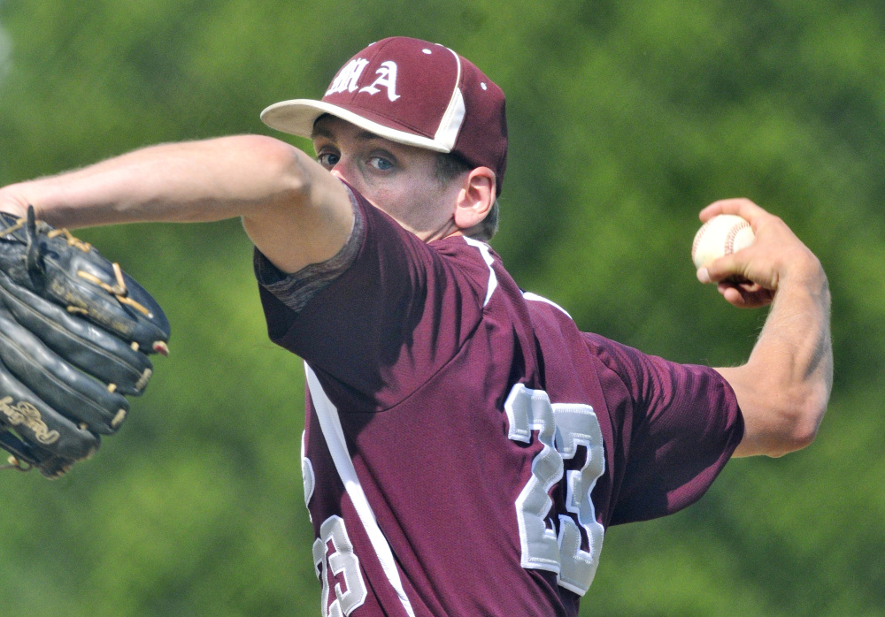 Staff photo by Joe Phelan
Monmouth's Hunter Richardson throws a pitch against Hall-Dale in a Class C South quarterfinal game Thursday in Farmingdale.